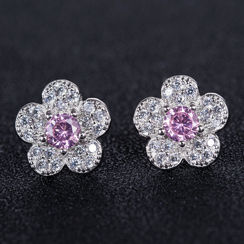 【Happy LifeStore】Huitan Romantic Plant Earrings For Girl Tiny Shaped Light Purple Pink White Cubic Zircon Stud Earrings