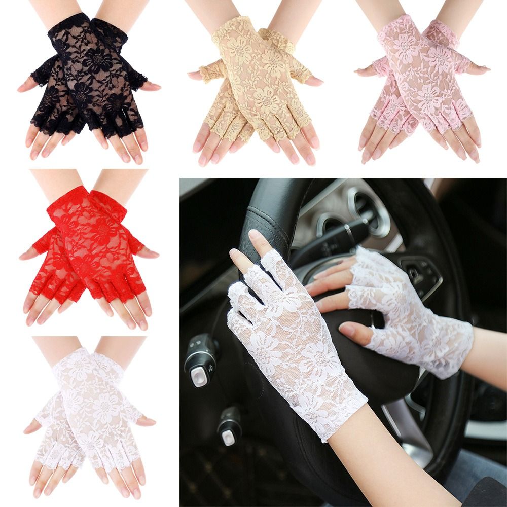 Womens Ladies Long Fingerless Sunscreen Mitten Half Finger Fishnet Gloves Mesh Mitten Dance Gloves Lace Gloves