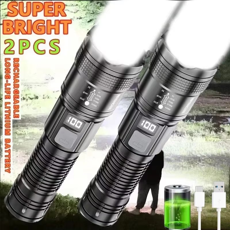 2025 New Ultra Bright LED Flashlight 2000LM Type-C Rechargeable Long Range Zoom Tactical Torch Outdoor Emergency Camping Fishing Lantern