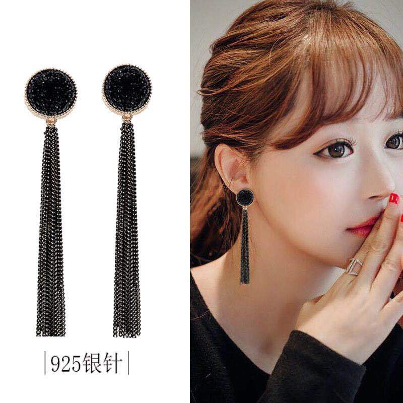 【Unlimited repurchase】New Long Black Tassel Earrings Women's Elegant All-match Simple Fairy 925 Silver Pin Earrings Earrings
