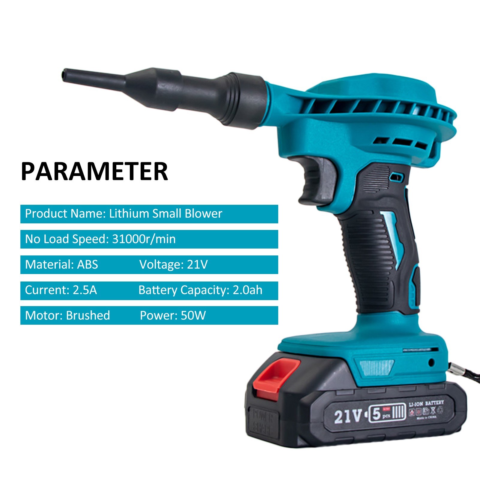 21V Lithium Small Blower Home Dust Blower High-Power Brushed Motor Electric Blower Strong Wind Air Blower Dust Removal Fan Handheld Home Courtyard Snow Cleaner Power Tool