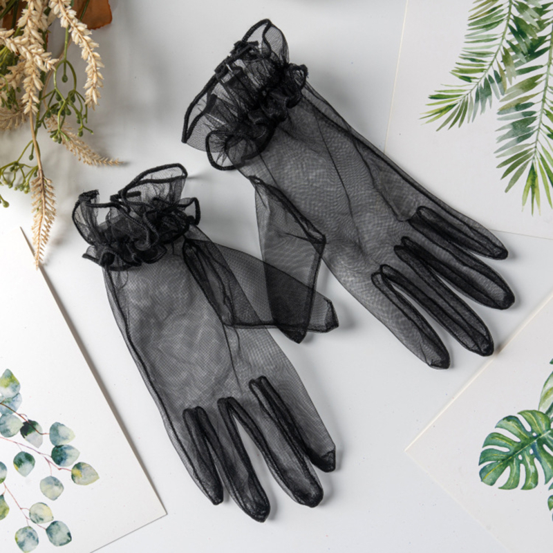 Bizzy 1 Pair Women's Lace Full Finger Gloves Fashion Short Tulle Elastic Etiquette Lotus Leaf Shears for Stylish Hand Protection