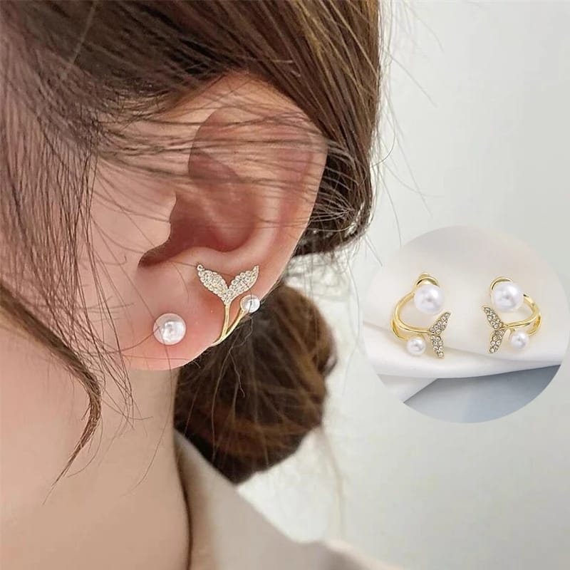 Blue Bell Stud Earrings Fish Tail Metal & Pearl Trendy Jewelry
