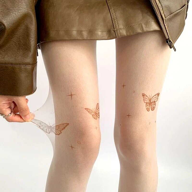 New 1pc Ultra Thin Transparent Print Butterfly Pantyhose Vintage Girls Tattoo Tights Lolita Invisible Black Silk Stockings