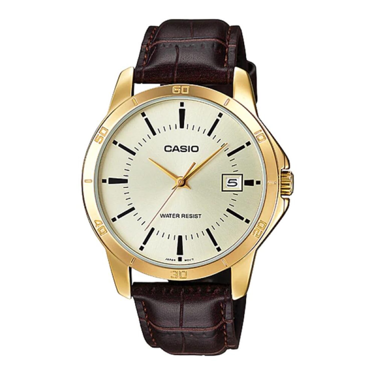 Casio Mtp-V004Gl-9A Date Quartz Watch With Genuine Leather For Men