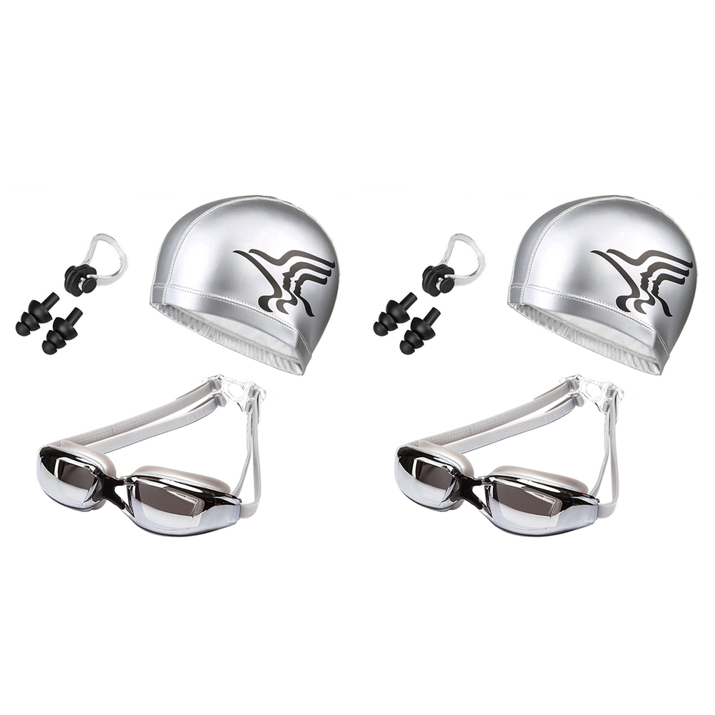 ARELENE 2X Swimming Cap 3 in 1 Goggles + Swimming Cap + Nose Clip Earplug Combination Kit Waterproof Unisex Swimming Cap-Silver