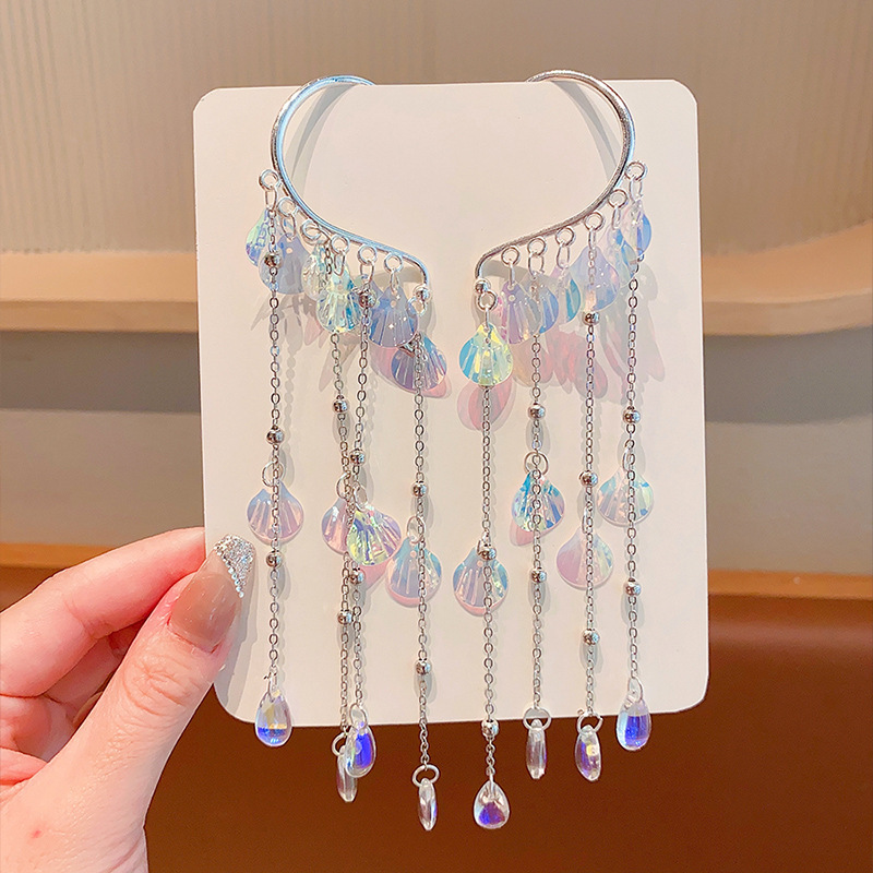 Super Sparkling Cute Colorful Shell Ear Hooks Princess Photo Gradient Water Drop Tassel Non-Pierced Earrings