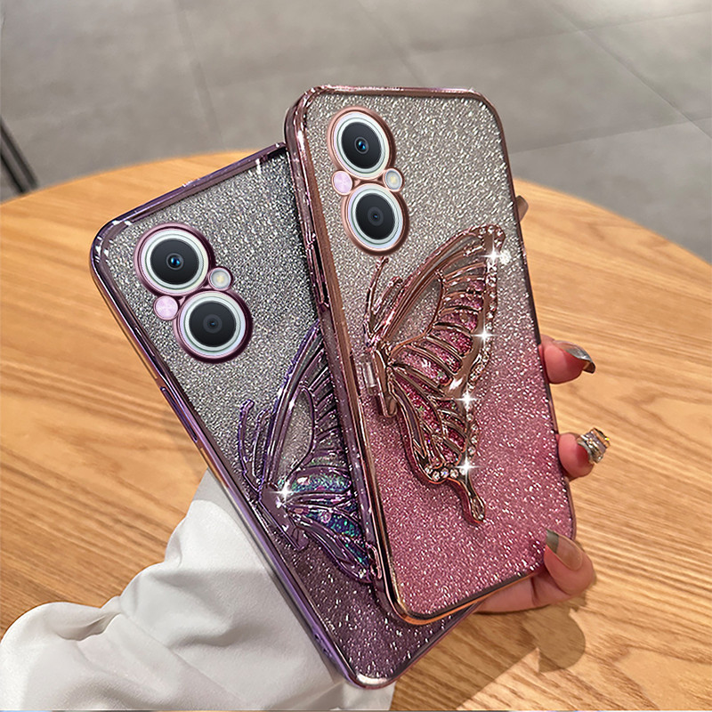 NEW For OPPO A96 4G / OPPO A76 Casing case with 3D Flowing Sand Diamond Butterfly Stand Luxury Slim Gradient Plating Glitter Girls Stylish Back Cover Clear Soft Silicone Protective Cases Pouch