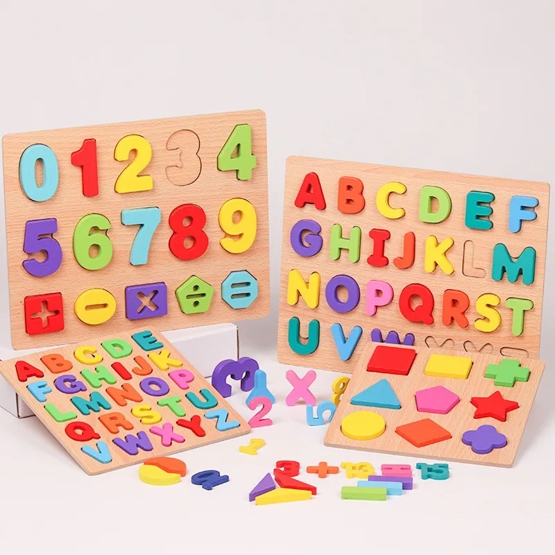 4 In 1 Combo Set ABC Wooden Montessori 3D Digital Puzzle Preschool Learning Educational Game Baby Toddler Toys for Children