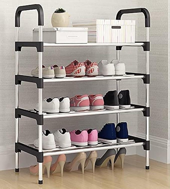 Shoes Stand for Home - Stainless Steel 4-Tier Shoe Rack for Home Metal, Durable, Foldable Steel Rack, Stackable 12 Pair Shoe Stand for Closet, Entryway and Doorway