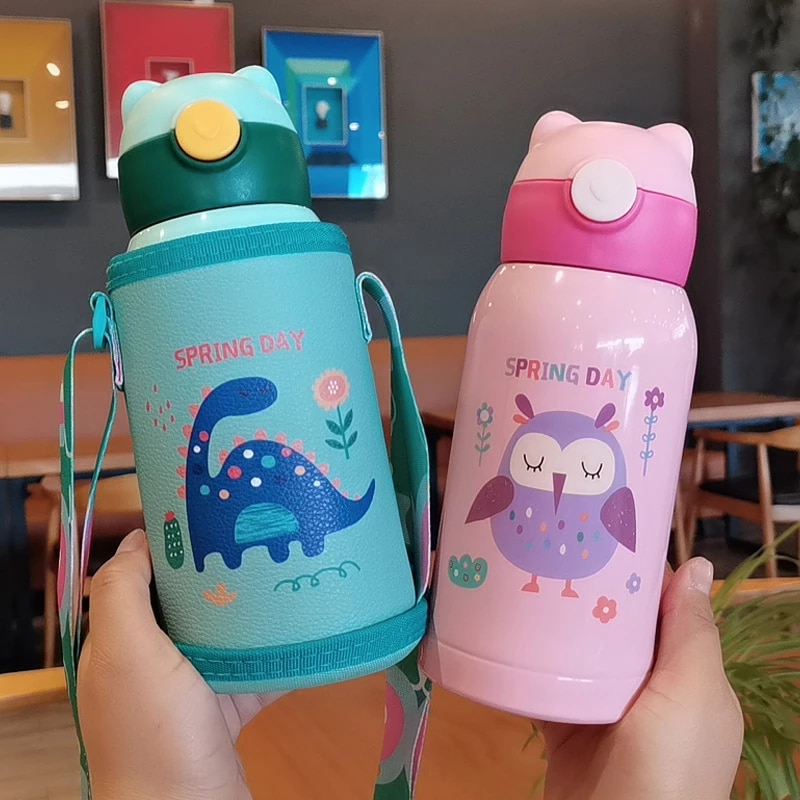 550ml Kids Thermos Cup with Straw - Double Vacuum Flask - Cute Stainless Steel Thermal Water Bottle
