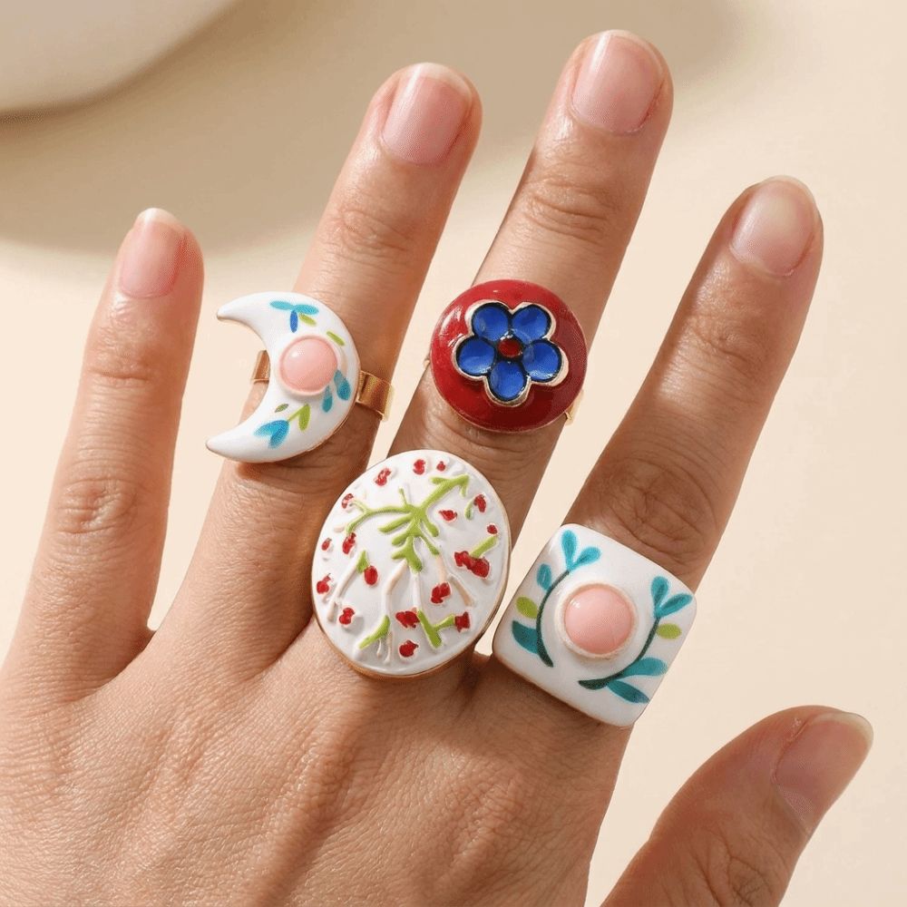 New Simple Alloy Flower Open Ring Round Heart Crescent Shape Elegant Drip Oil Ring Versatile Design Geometric Adjustable Ring Gift