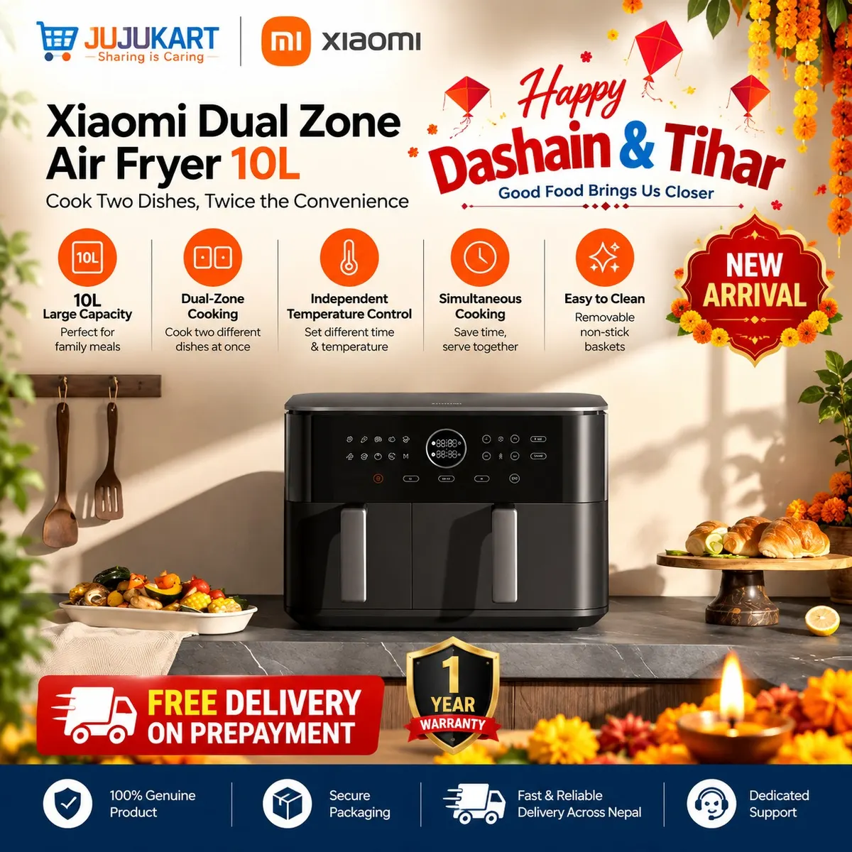 Xiaomi Mi Dual Zone Air Fryer 10L in Nepal | 3.5L + 6.5L Dual Baskets | 2700W High Power | 230°C Hot Air Fryer | 9 Preset Modes | Smart SYNC Cooking | 360° Air Circulation | 101 Recipes | Dishwasher-Safe Accessories - image 1