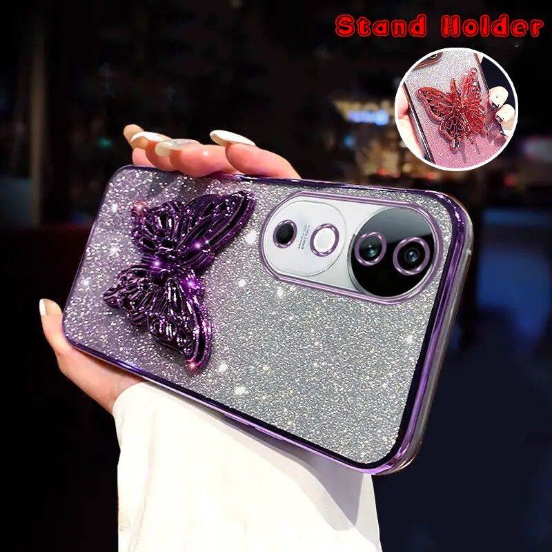New style For Vivo V40 5G / V40 Pro 5G Back Cover Luxury Slim Gradient Glitter Phone Case with Stylish Cute Butterfly Stand for Girls Clear Soft Silicone Protective Pouch New style