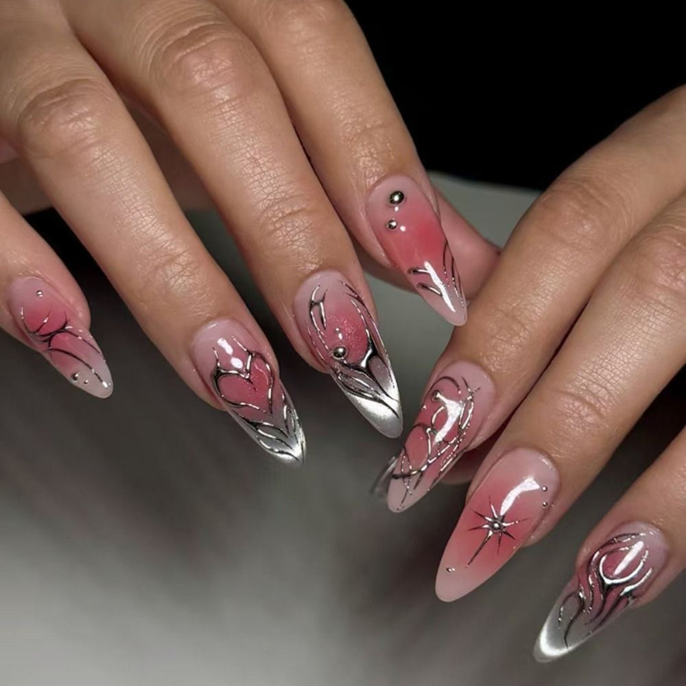 24pcs Manicure DIY Fake Nials Simple Star French Long Almond False Nails