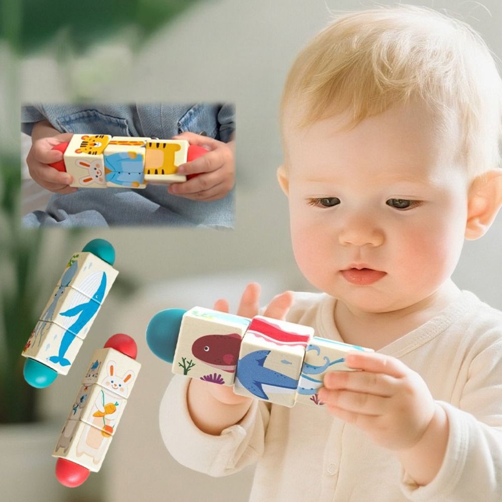 New Wooden Animal Spin Puzzle Toy Educational Toy Cartoon Grasping Building Blocks Matching Toy for Helps Develop Fine Motor Skills Logical Thinking
