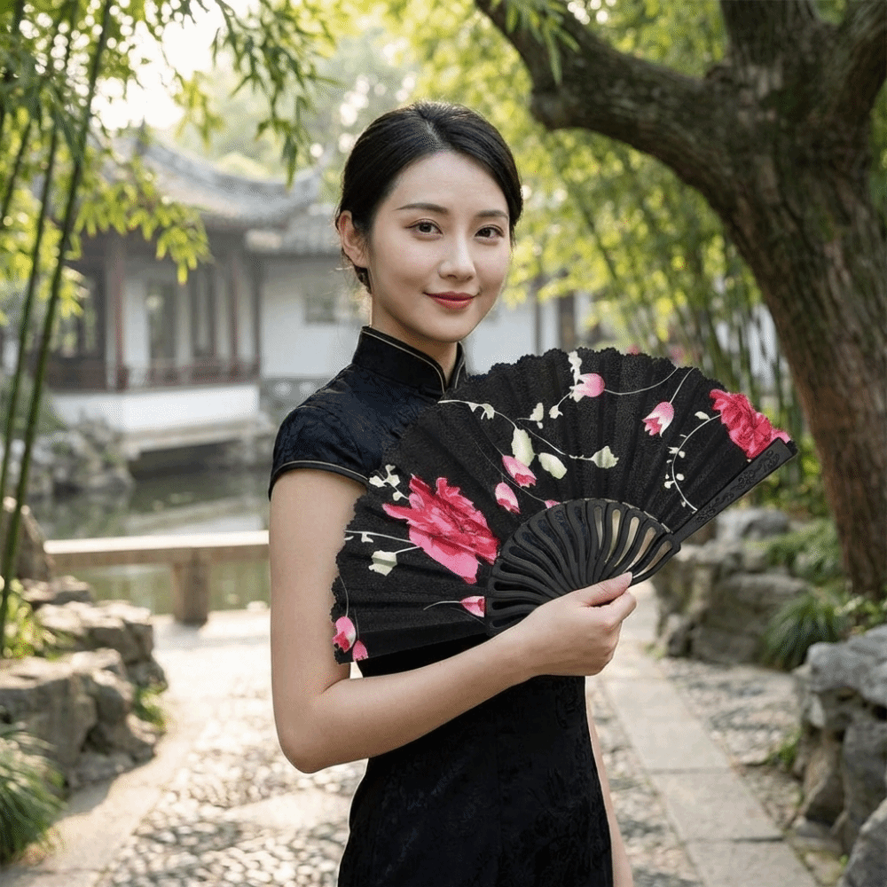 Exquisite Plastic Rod Folding Fan Decorative Hollow Flower Handheld Fan with Fan Ring Summer Cooling Fan Wedding Event