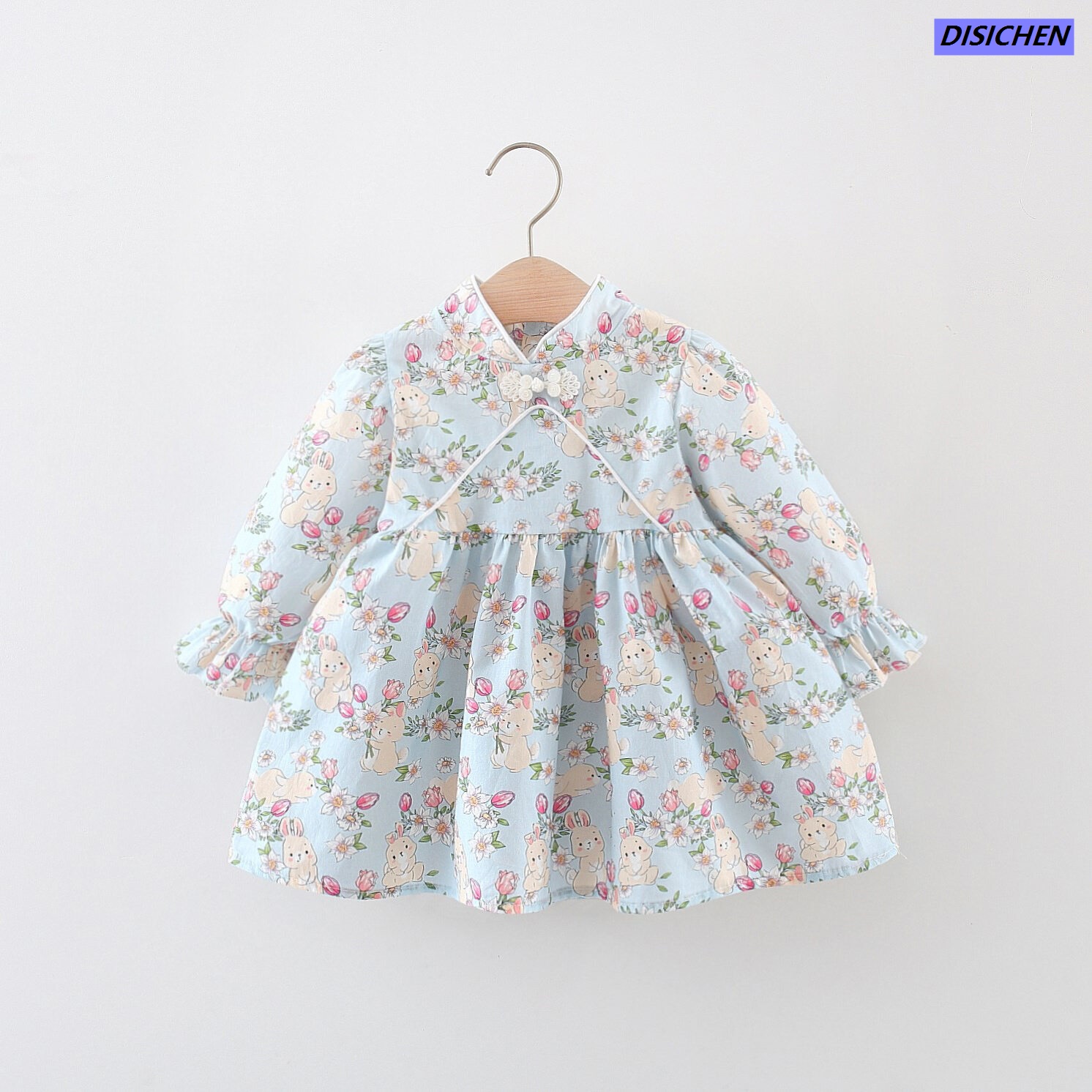 DISICHEN 【original】 Spring And Autumn Chinese Style Long Sleeved Baby Girl Dress With Cartoon Print All Over Long Sleeved Cheongsam Dress 0-3