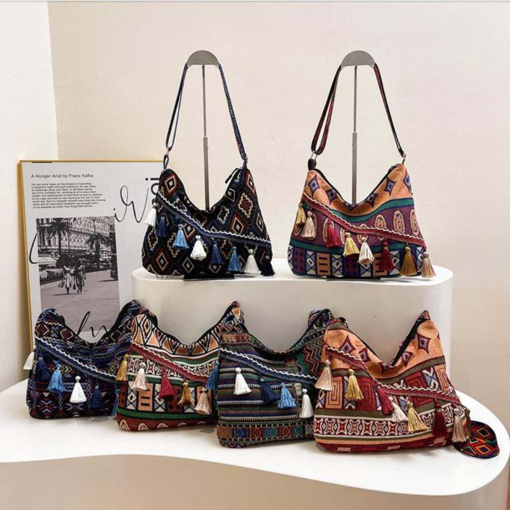 Portable Tassel Ethnic Style Crossbody Bags Large Capacity Woven Bag Fringe Shoulder Bag Handbag Geometric Bohemian Tote Bag Women