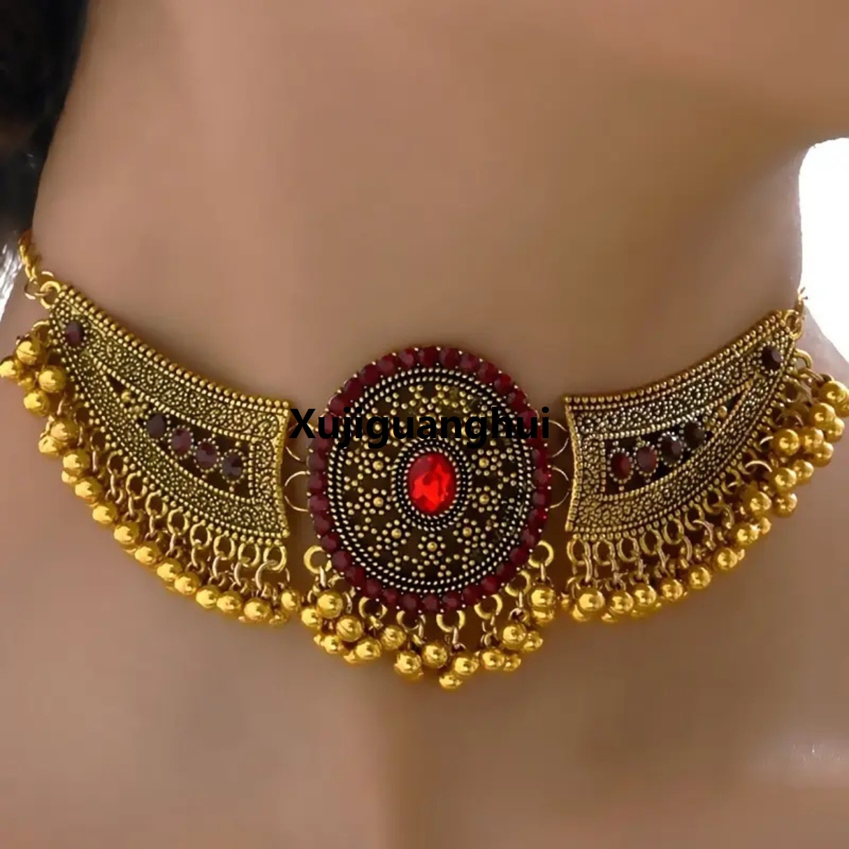 Xujiguanghui Bollywood Style Vintage Jewelry Set - 1 Pair Earrings + 1 Choker, 14K Gold Plated, Red or Blue Rhinestones, Tribal Design