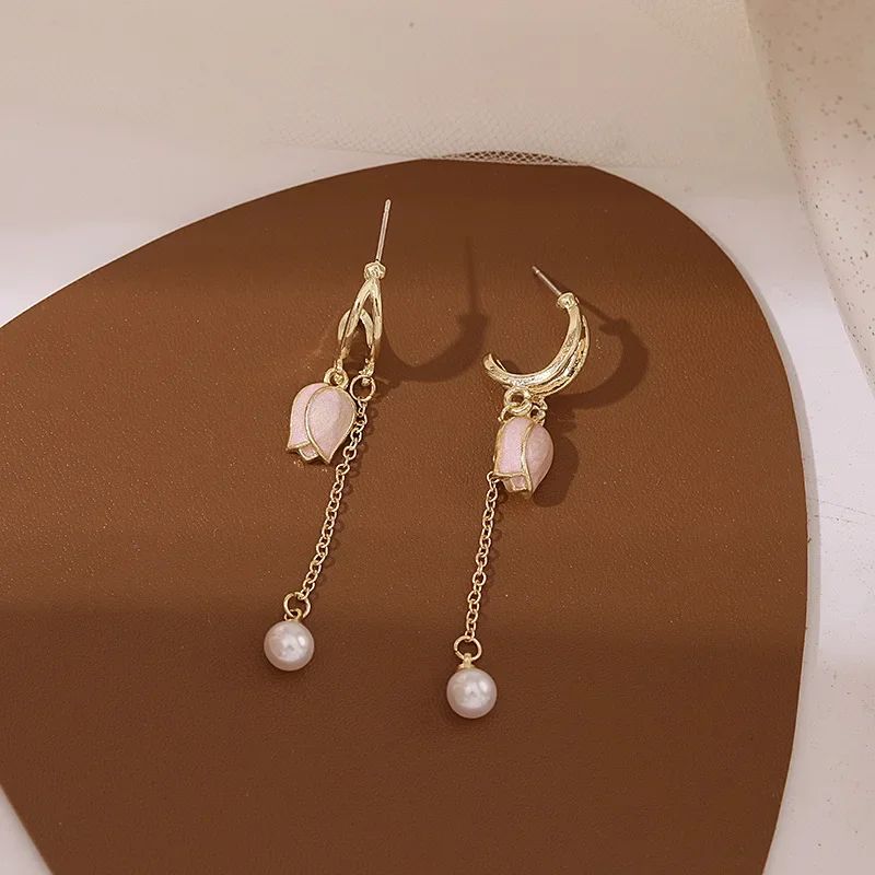 Elegant Pink Tulip Tassel Drop Earrings - Imitation Pearl & Geometric Long Chain Dangle Earrings for Women, Chic & Feminine Jewelry Gift