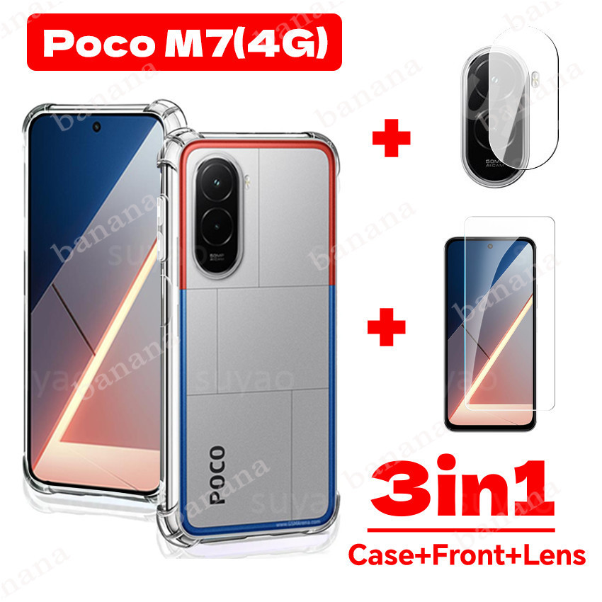 For Xiaomi Poco M7 4G 2025 3in1 Phone Case Clear Transparent Casing PocoM7 MI M 7 Shockproof Soft TPU Simple Tempered Glass Screen Protective Film Camera HD 9H Lens Back Cover