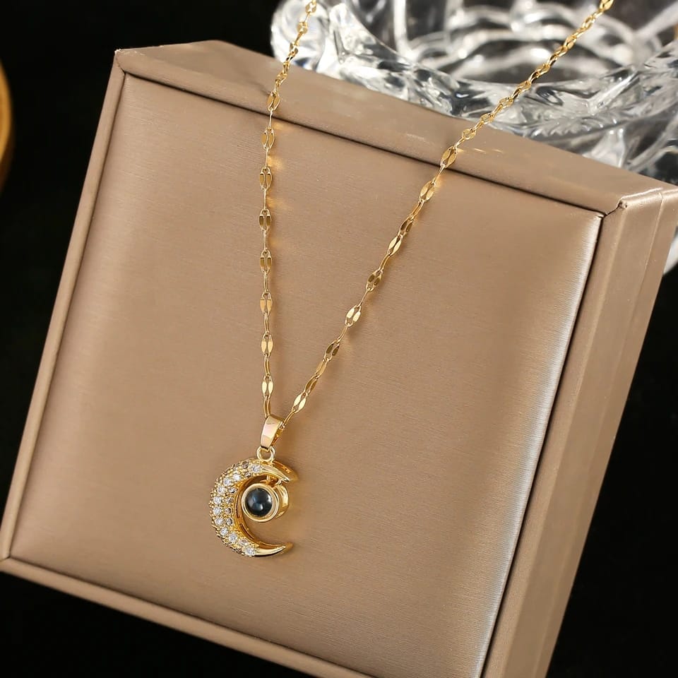 Blue Bell -100 Languages I Love You Moon Projection Pendant Necklace Romantic Stainless steel Love Memory Wedding Necklace