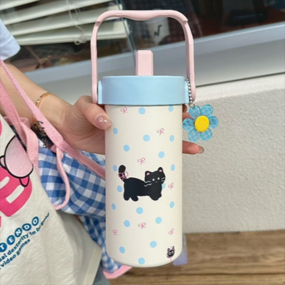 Durable Stainless Steel Portable Insulated Cup Water Cup 600ml Sport Thermal Water Bottle Large Capacity with Straw Cute Cat Thermos Mug Cold/Hot Water