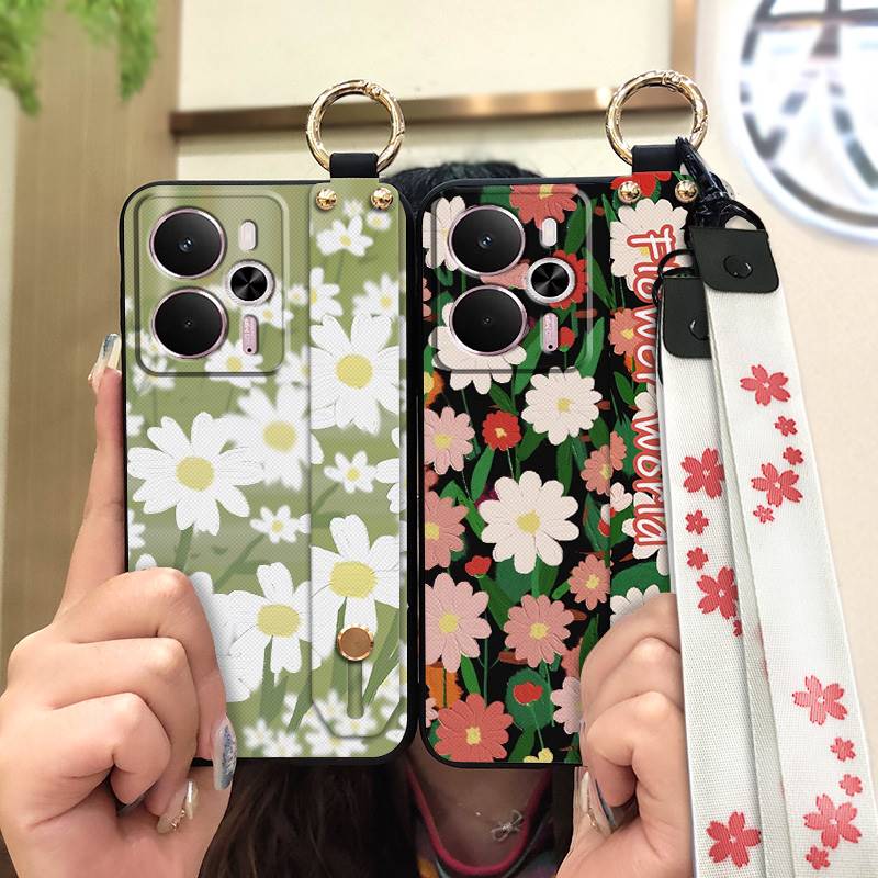 Fashion Design Phone Holder Phone Case For Realme 14 5G Global Protective Lanyard Flower Oil Painting Durable Kickstand