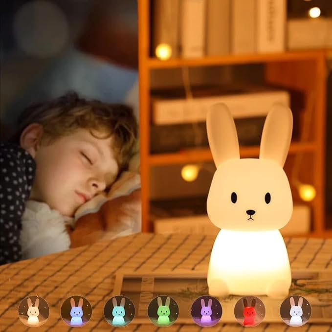 Silicone Cute Bunny Night Light for Kids- Bunny LED Lamp Rabbit Light Animal Nightlight with 7 Changing Colors USB Rechargeable for Birthday Gifts