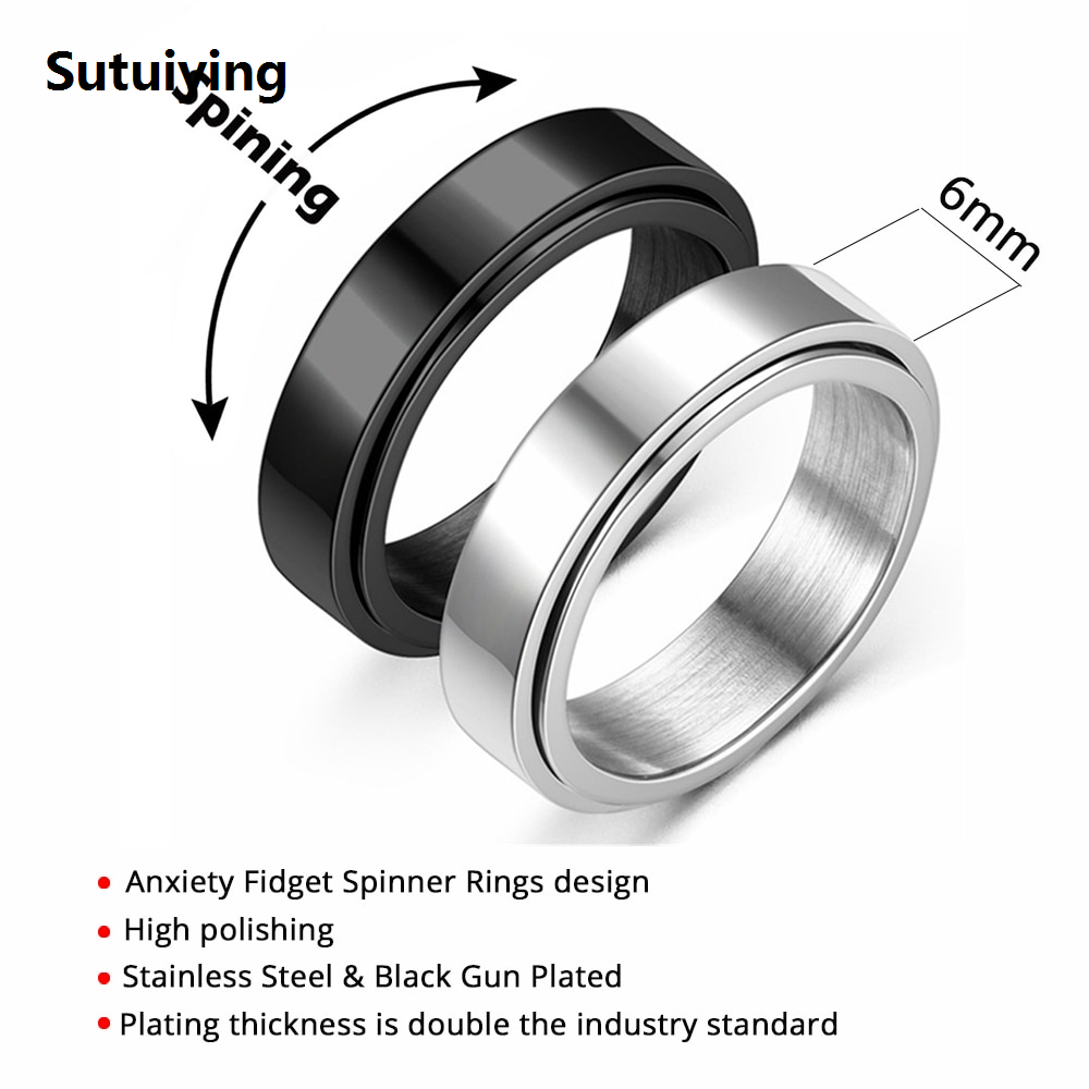 Sutuiying Anxiety Fidget Spinner Rings Black Silver Color Stainless Steel Spinning Rotating Mood Ring for Men Women Anti Stress Jewelry