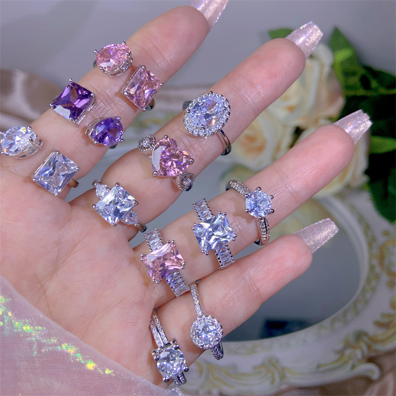 New 3A large zircon inlaid moissanite diamond ring women's opening round bag four-clawed bull head wedding colored gemstone ring