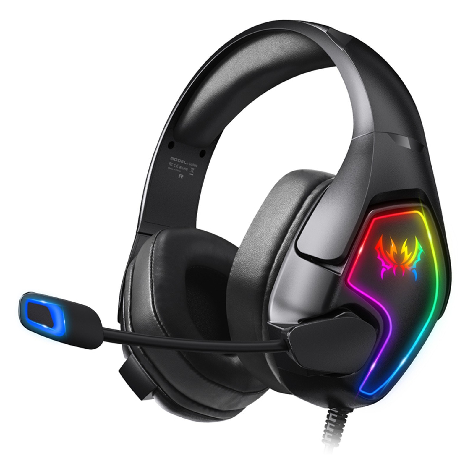 KOTION EACH G3000 3.5mm Gaming Headset Over Ear Game Headphones with Microphone RGB LED Light Noise Cancellation Earphone Volume Control for PS5 PS4 Laptop Tablet Mobile Phones Desktop PC