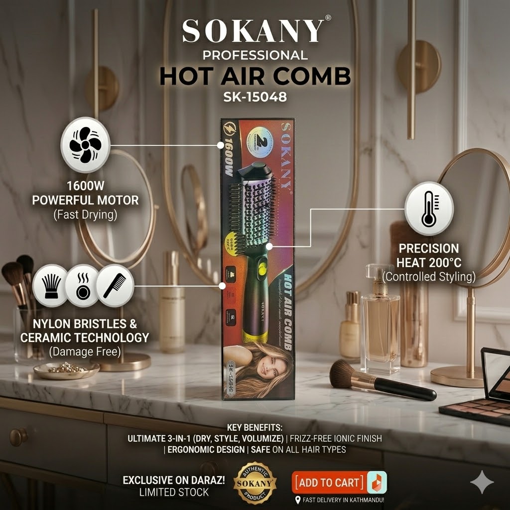 Sokany SK-15048 Hot Air Comb - 1600W LED Display - Quick Styling & Smooth Hair Care - 2-in-1 Function
