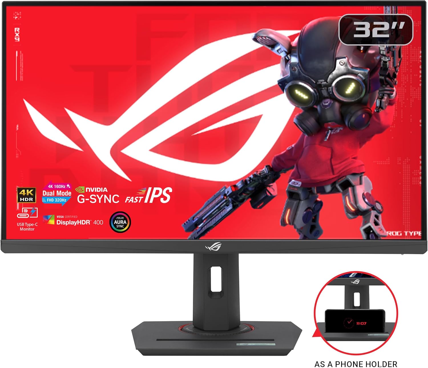 ASUS ROG Strix 32” 4K HDR Gaming Monitor (XG32UCG) - 3840x2160, Dual Mode (4K 160Hz/FHD 320Hz), 0.3ms, Fast IPS, Extreme Low Motion Blur Sync, USB-C, G-SYNC Compatible, Tripod Socket