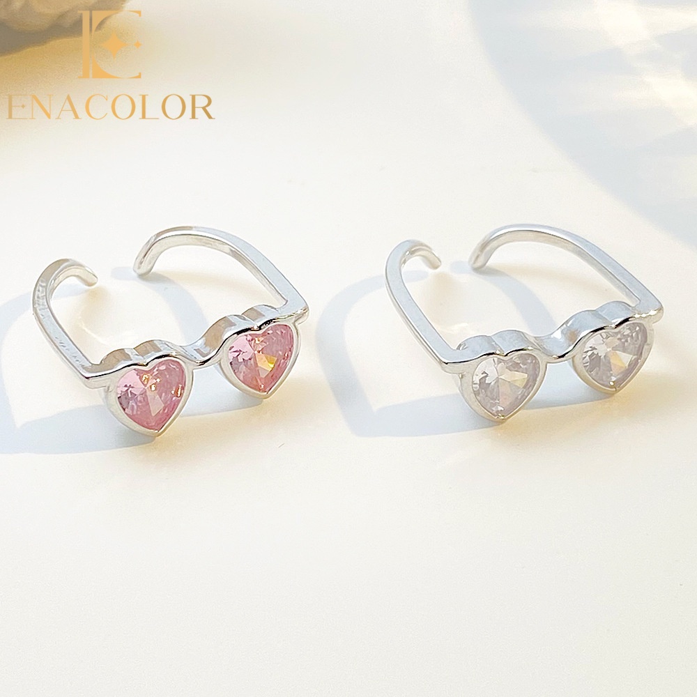 Enacolor Elegant Pink Glasses Heart Open Rings for Women Girl Ins New Adjust