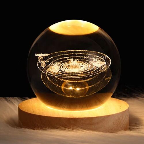 3D Crystal Ball LED Table Lamp with wooden Base - 8cm | Moon Ball | Home Decoration Items For Bedroom