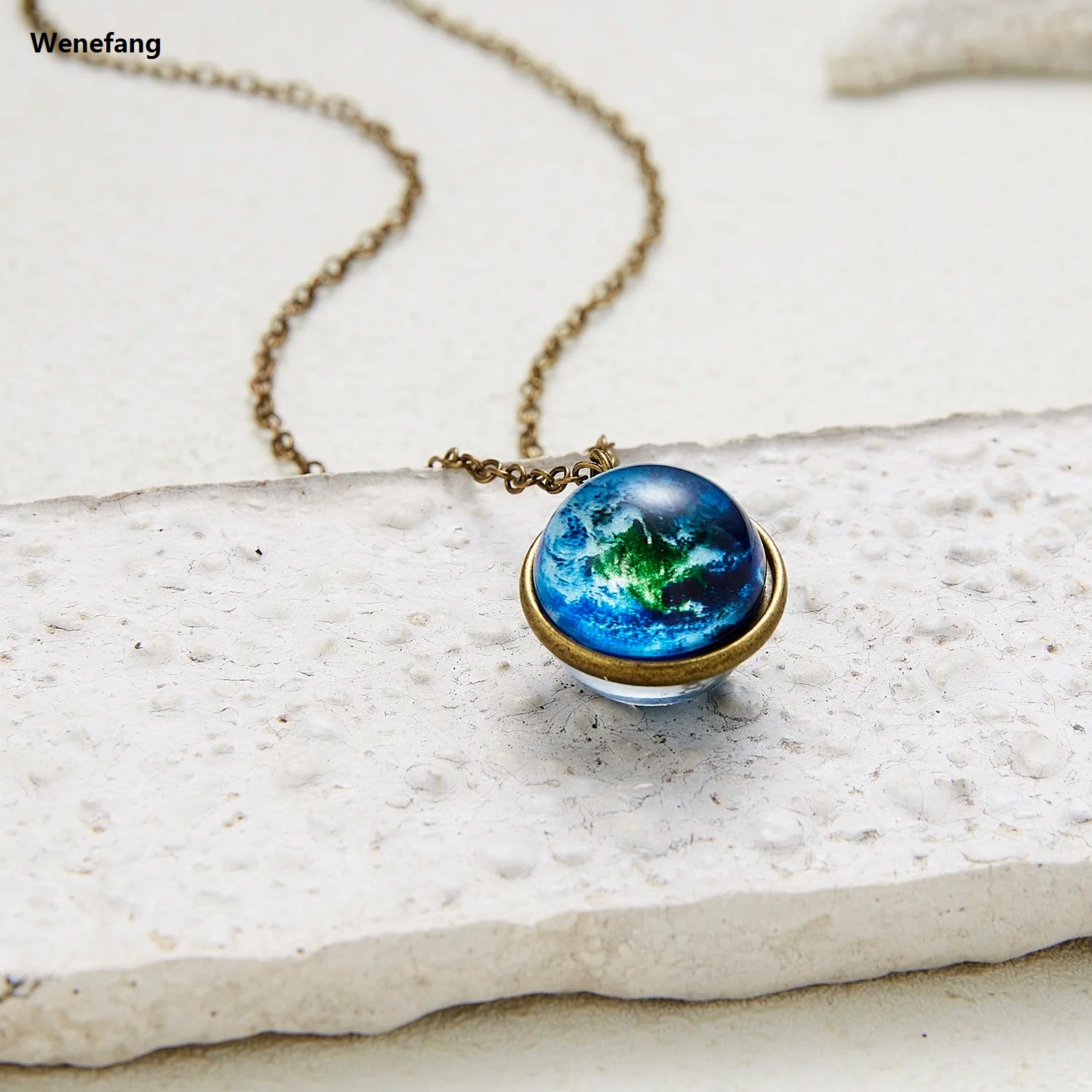 Wenefang 1PC Vintage Colorful Galaxy Universe Round Pendant Necklace Glow in the Dark Glass Ball Metal Chain Choker Fashion Jewelry Gift