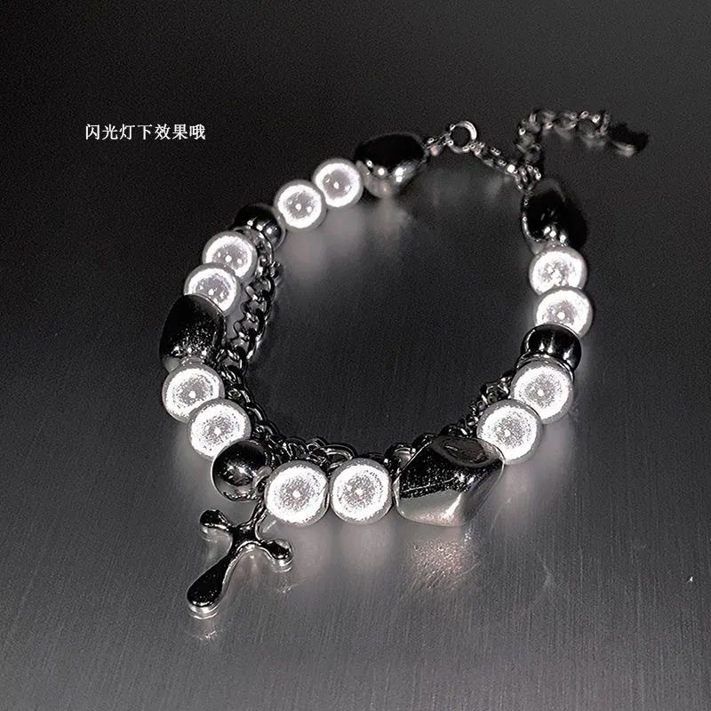 【New Arrivals】2025 Sweet Cool Style Cross Stitching Reflective Pearl Bracelet Women's Ins Niche Design Hip Hop Trendy Men's Hand Jewelry