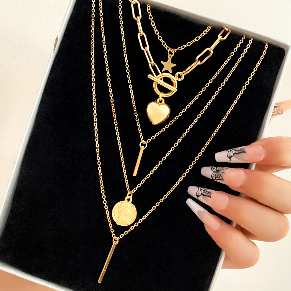 【New arrivals】Vintage Fashion Light Luxury Style Peach Heart Head Brand Star Necklace Ins Women's Hip-Hop Men's Jewelry Stacked Necklace