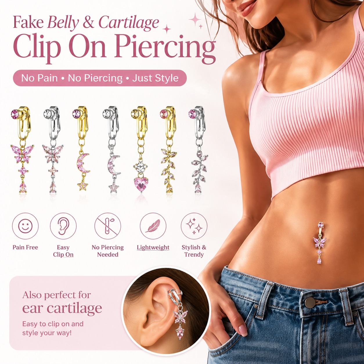 Fake Belly Button Ring - Clip-On Navel Jewelry, Piercing-Free Design in Silver and Gold