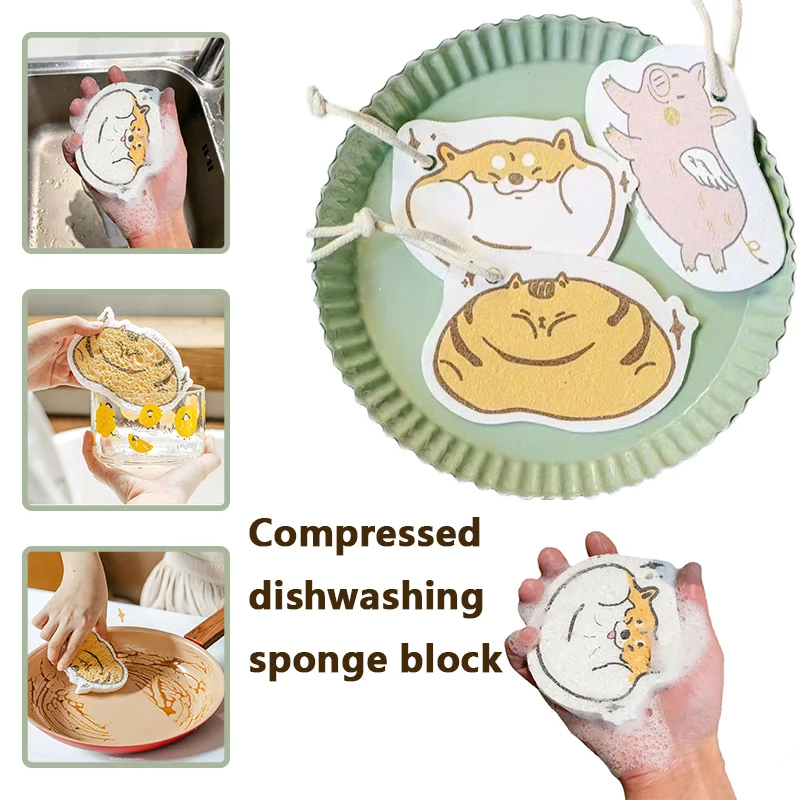 Set Of 3 Dishwashing Sponge Wooden Block Compressed Pulp Cotton Cute Cartoon Absorbent Dishcloth Compressed Sponge Brush