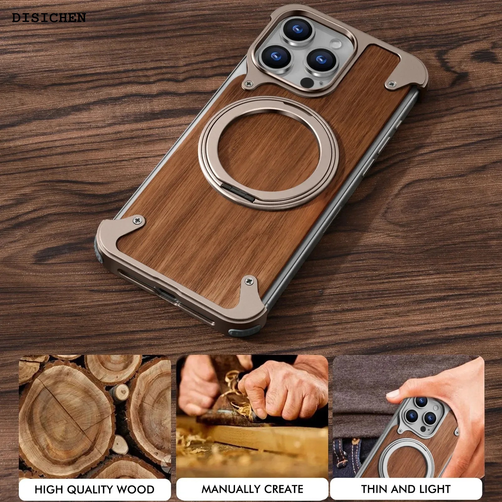DISICHEN 2025 New Eary Magsafe Magnetic Phone Case for iPhone 16 15 14 Pro Max Wood Shockproof Protective Cover with 360° Rotating Ring Stand