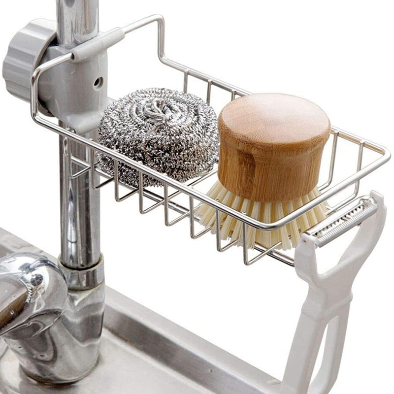 Adjustable Faucet Drainage Shelf Stainless Steel Kitchen Sundries Storage Rack For Bathroom Soap Rag And Sponge Organize Holder