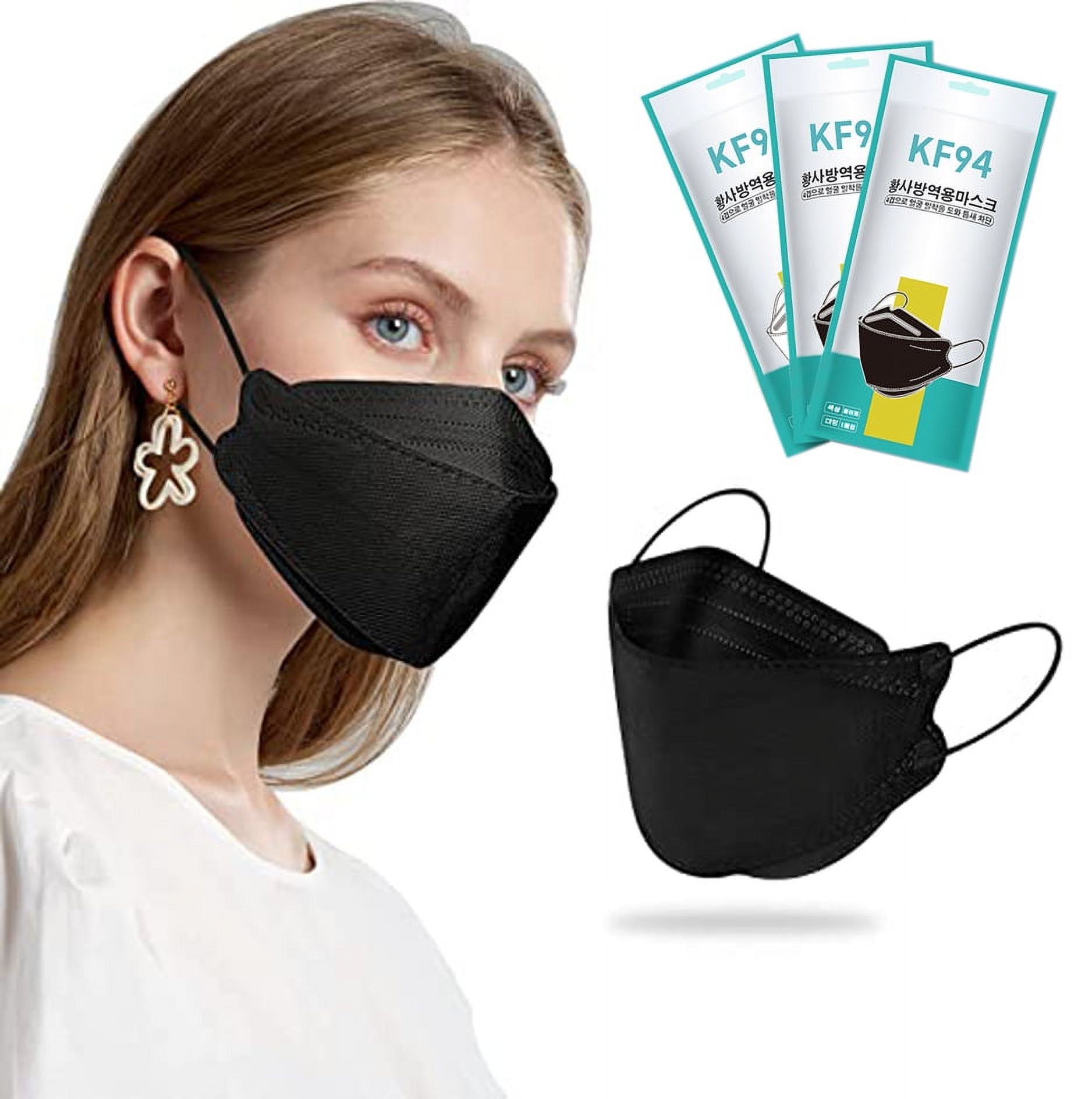 KF 94 Face Mask Made in Korea Breathable Comfortable Adult Black 3D Masks Korean Fish Type Facemask for for Men Women Masks - 10pcs