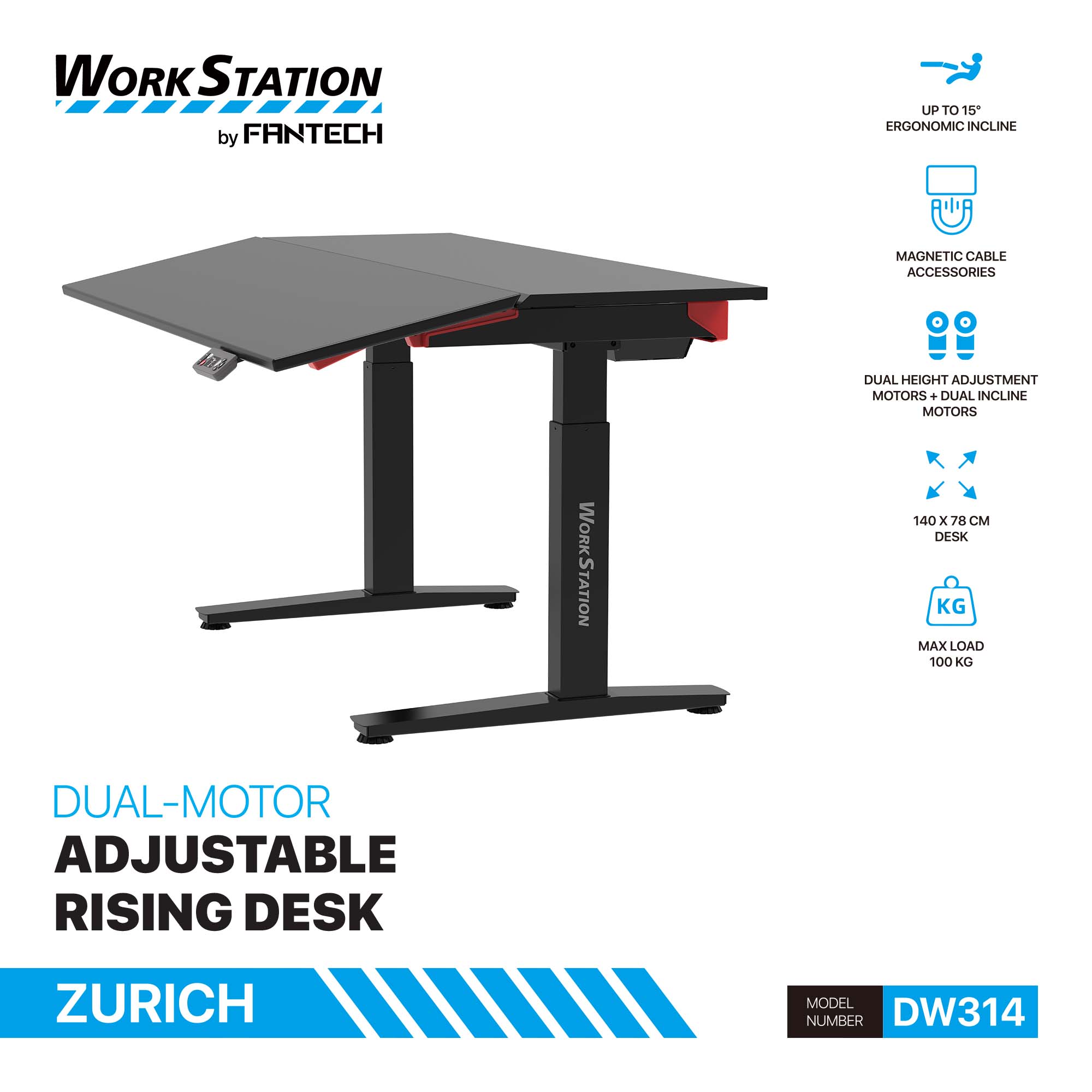 Fantech DW314 Dual Motor Adjustable Rising Desk | Electric Sit-Stand Gaming Desk | Height Adjustable Ergonomic Desk