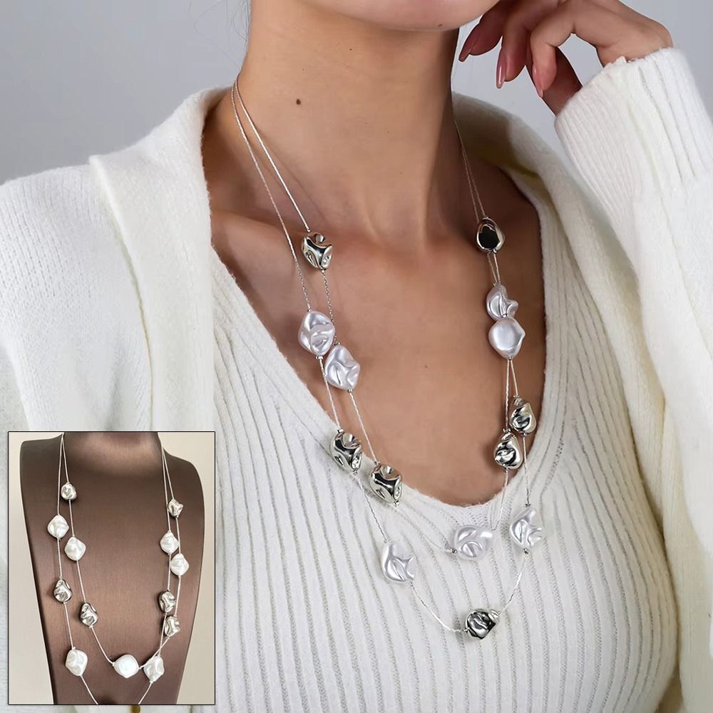 1Pcs New Double Layers Imitation Pearl Pendant Necklaces Irregular Fashion Layered Necklaces Baroque Sweater Chain for Women Girls