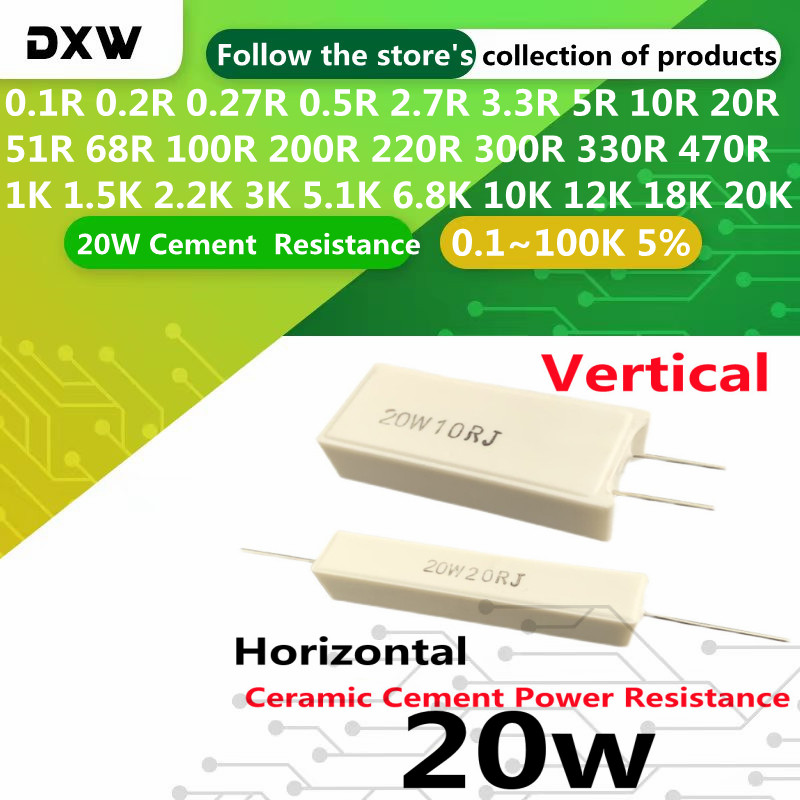 2PCS/Lot 20W Cement Resistance 5% 0.1~100K 0.33 0.47 0.5 2.2 3 3.3 4 5 8 10 22 30 50 56 82 100 200 300 470 680 820 1K 50K Ohm
