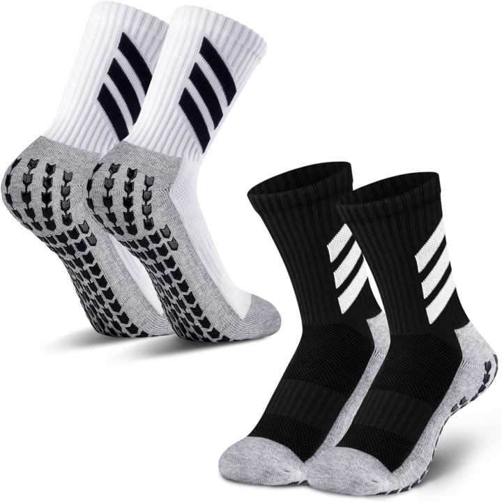 Pack Of 2 Pairs Black And White Men's Anti-Slip Grip Sports Socks | Athletic Rubber Grip Socks | Football Game Socks | Futsal Socks
