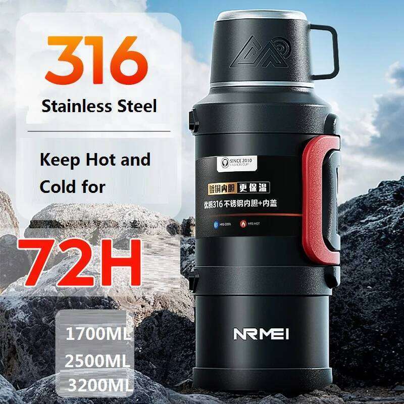 Stainless Steel Insulated Water Bottle with Handle, Outdoor Portable Thermos Bottle, Large Capacity, Keep Hot and Cold, 72H, 316